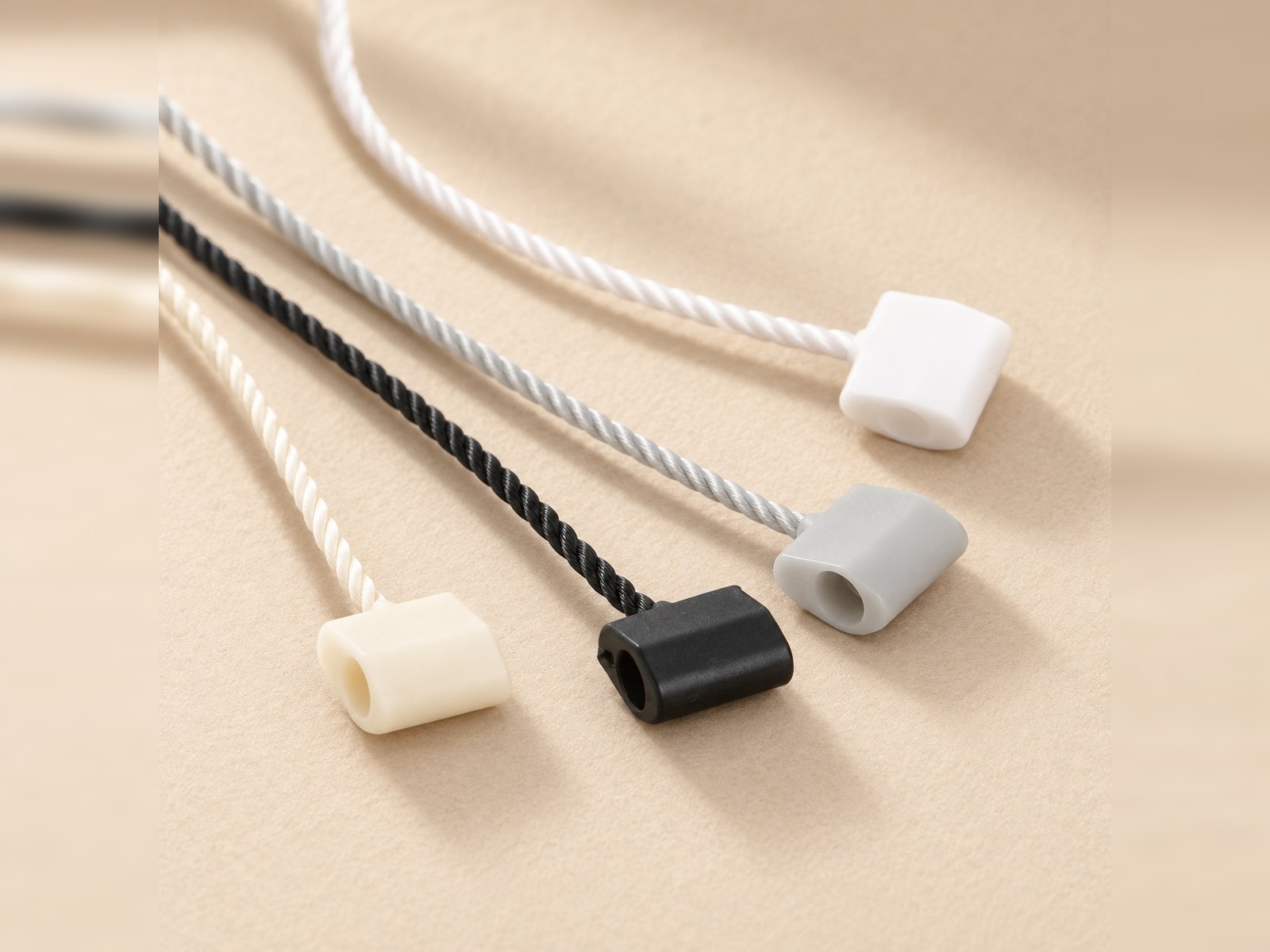 Loop Fastener cords in cream, black, silver and white