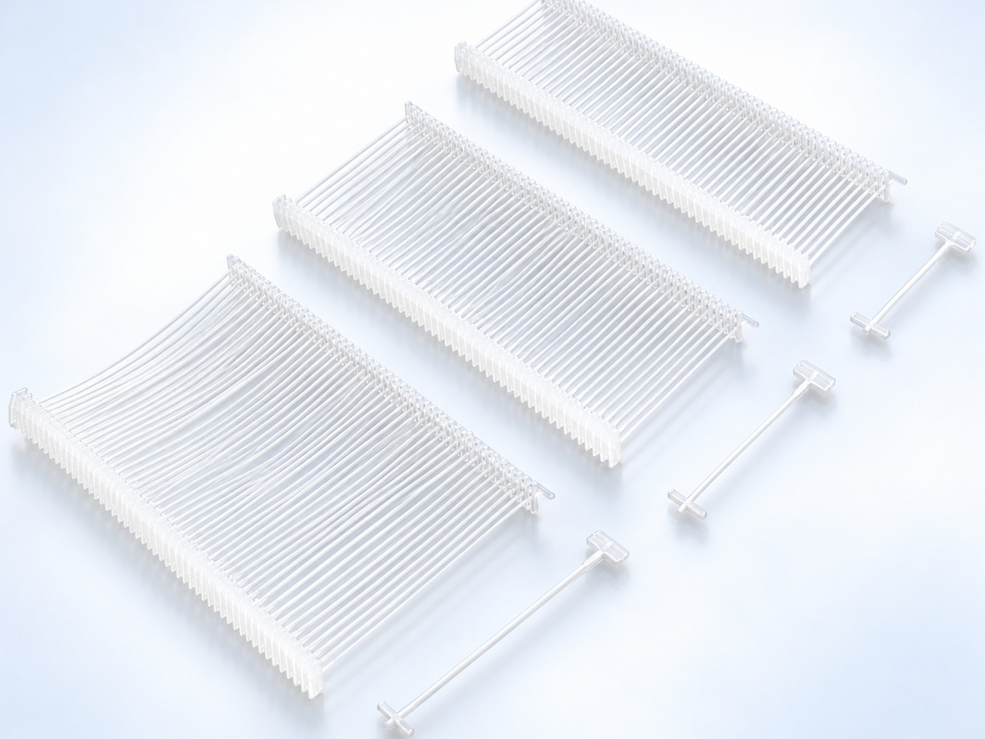 Standard T-end Tag Pins in three lengths, on clip strips